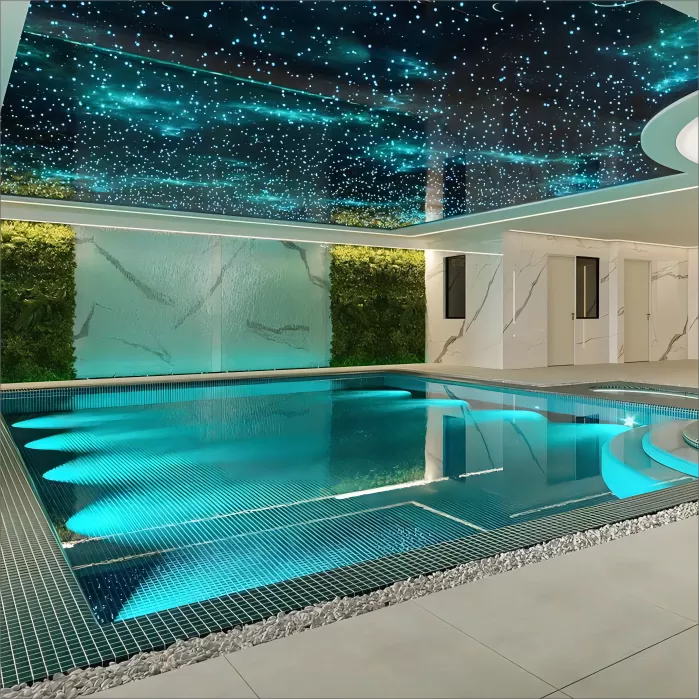 Energy-efficient pool light fixture for nighttime swimming.