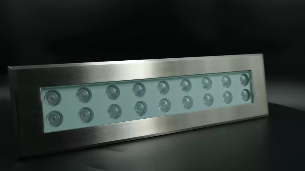 Wall washer lights illuminating a modern building facade