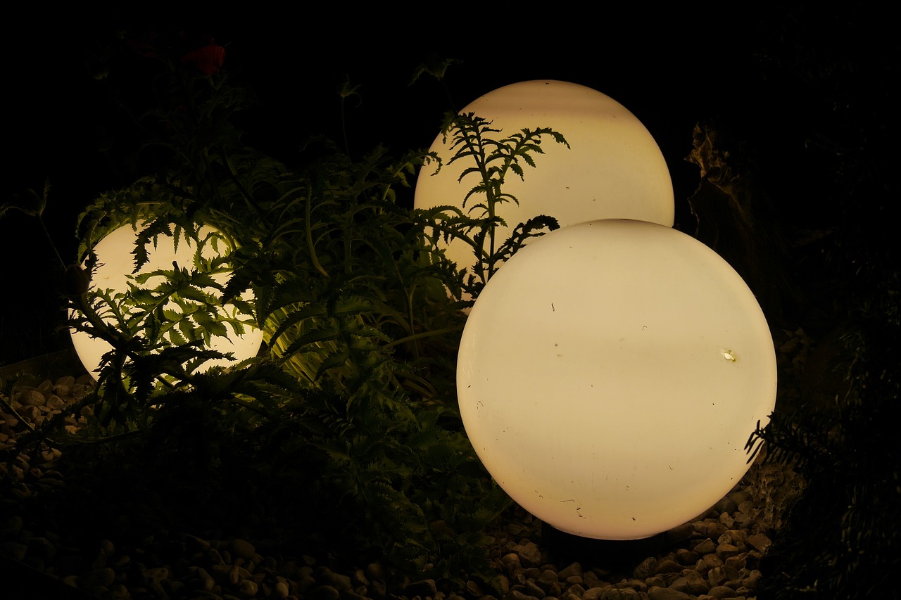 A garden illuminated with smart outdoor lighting technology