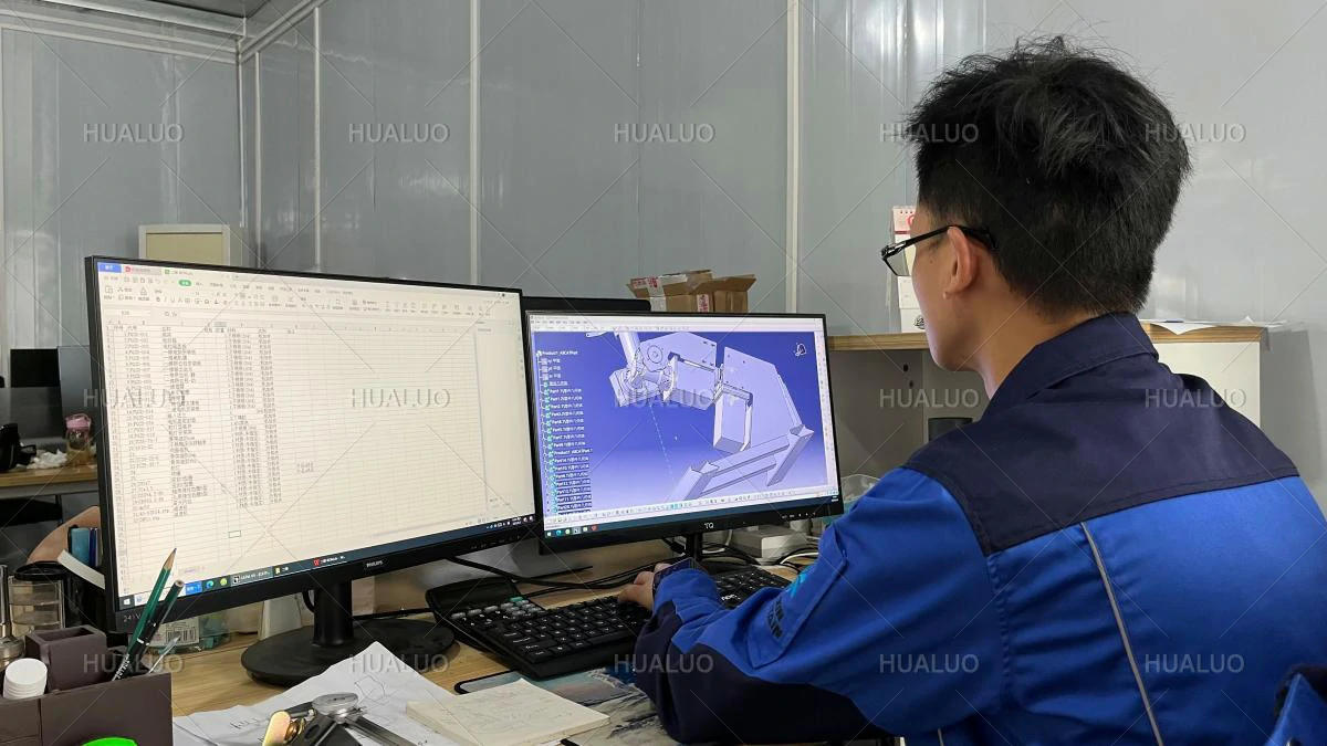 Staff members preparing materials for a fountain installation project.