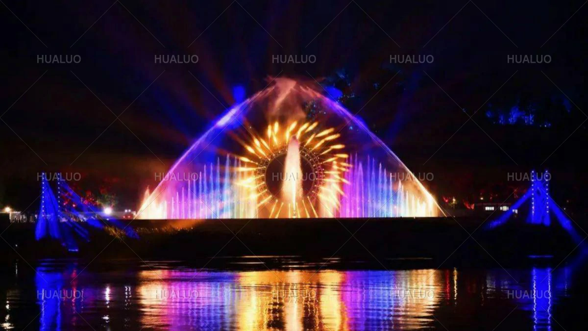 Nighttime view of a music and dance fountain project in Leshan, China, with its water jets forming a large “O” shape.