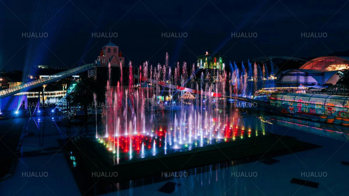 Nighttime view of an interactive dry deck fountain project in Yilan County, Taiwan.