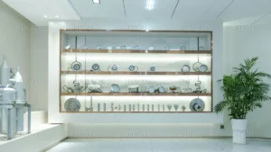 A display cabinet with the top three rows holding various types of fountain light fixtures, and the fourth row holding various fountain equipment nozzles.